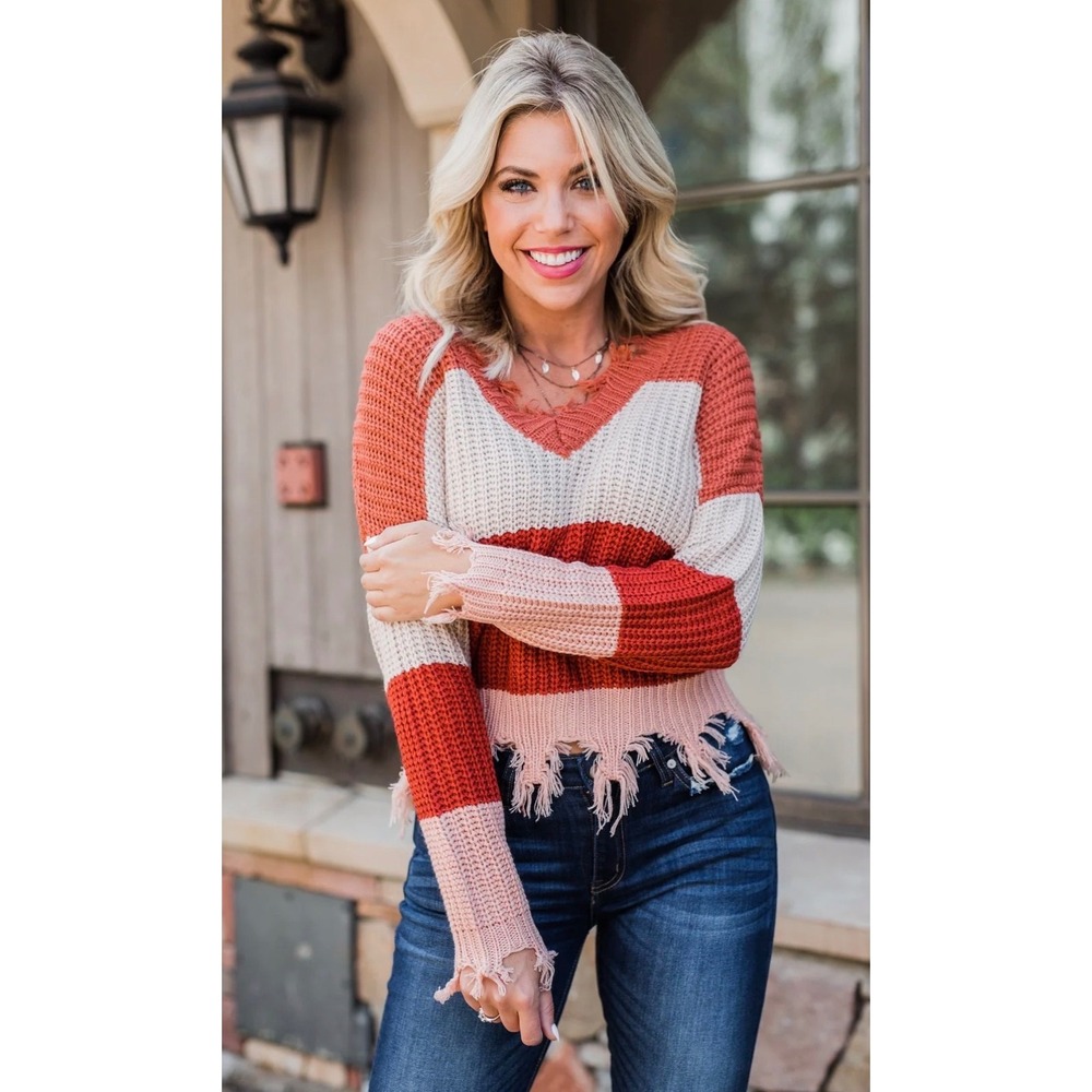 Love Tree Distressed Colorblock Sweater Rust Orange Cream Pink V-Neck